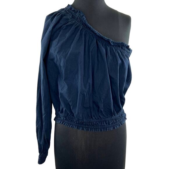 Free People Navy Blue Long Sleeve Women's Cotton One Shoulder Blouse Top Size L - Picture 1 of 8